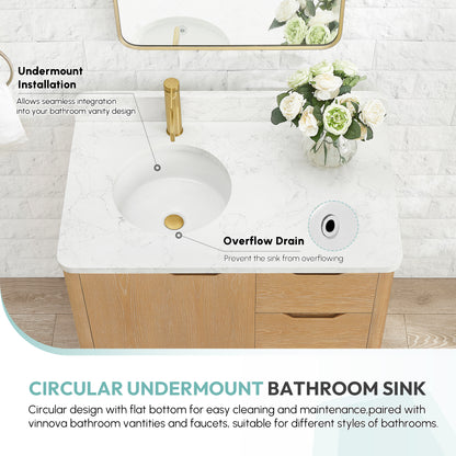 Vinnova Marseille Ceramic Circular Undermount Bathroom Sink with Overflow in White