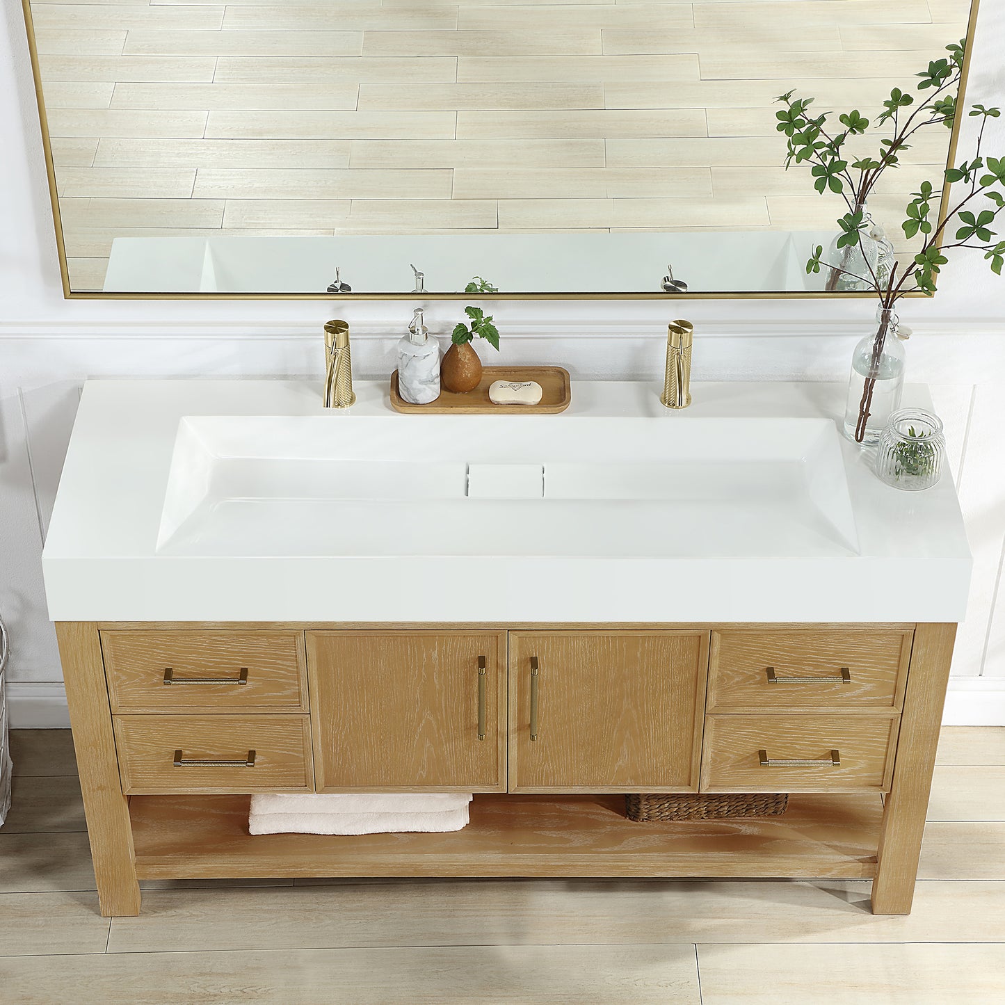 Vinnova Vera 60" Rectangular White Composite Granite Stone Console Bathroom Vanity Sink