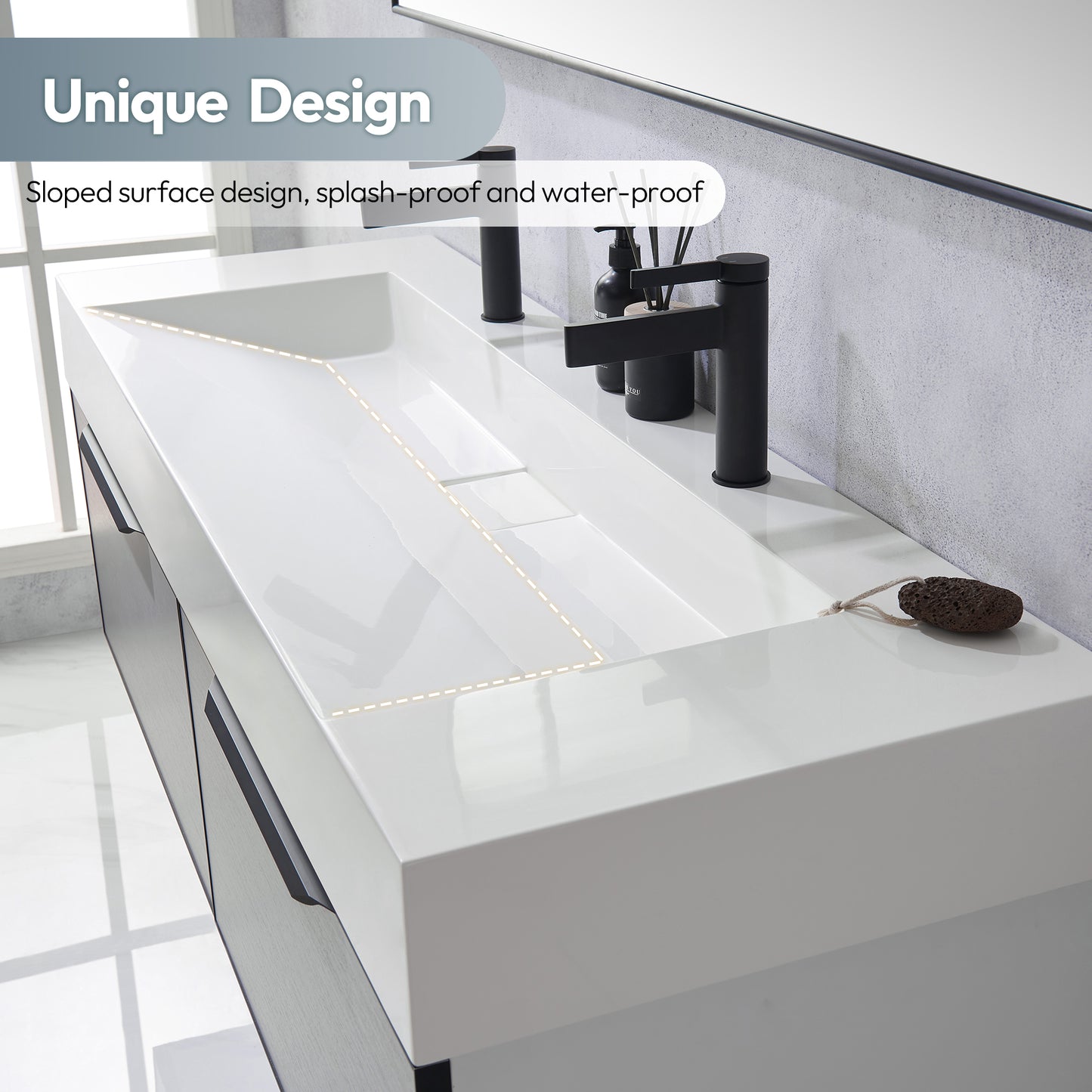 Vinnova Vera 60" Rectangular White Composite Granite Stone Console Bathroom Vanity Sink
