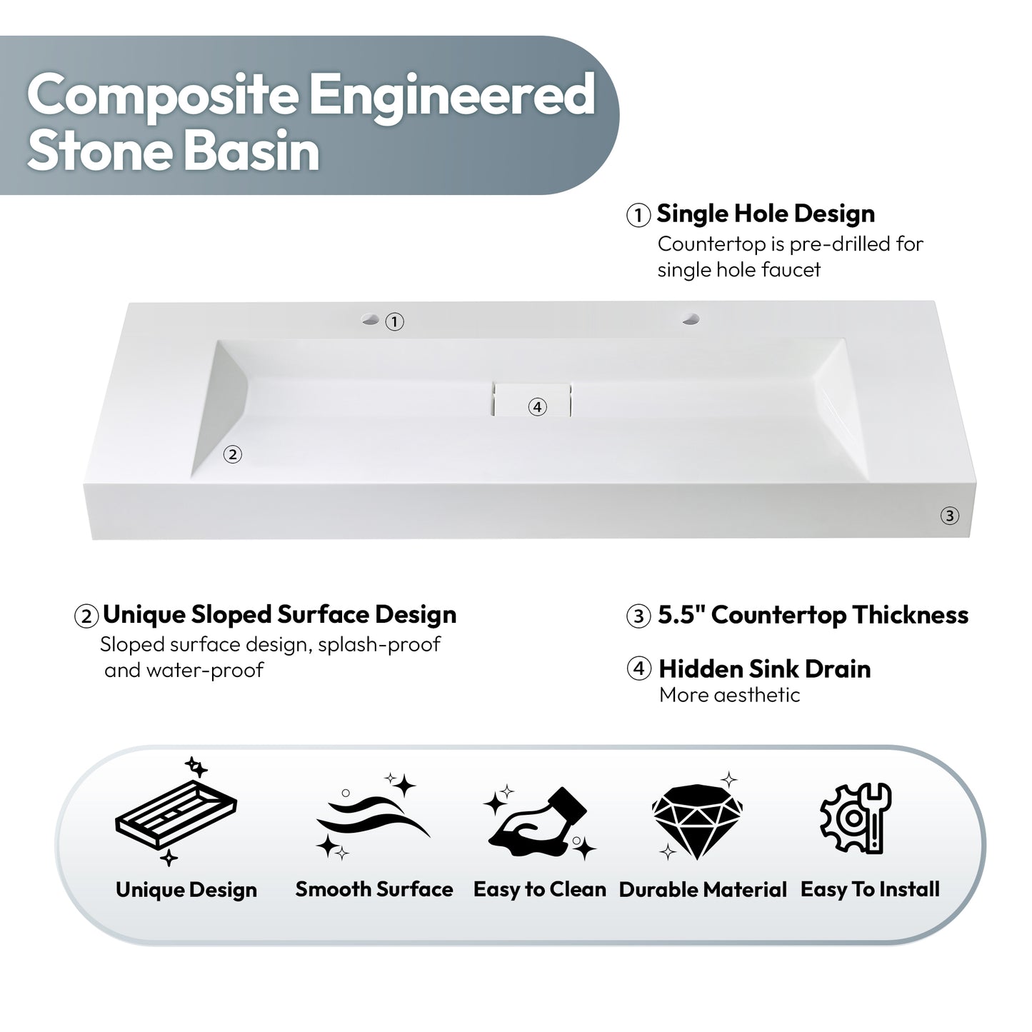 Vinnova Vera 60" Rectangular White Composite Granite Stone Console Bathroom Vanity Sink
