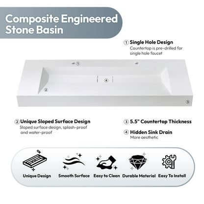Vinnova Vera 60" Rectangular White Composite Granite Stone Console Bathroom Vanity Sink