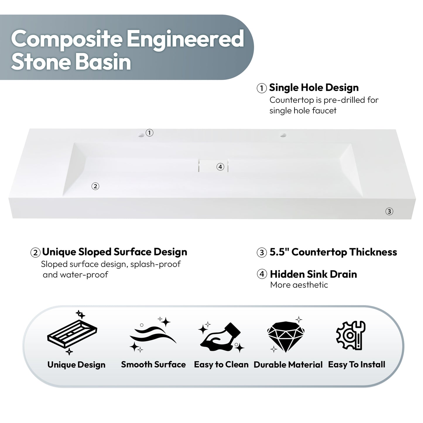 Vinnova Vera 72" Rectangular White Composite Granite Stone Console Bathroom Vanity Sink