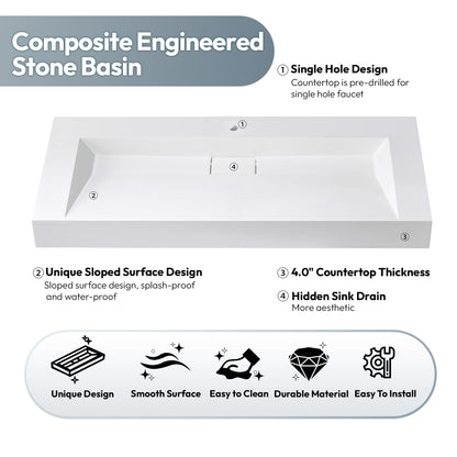Vinnova Vera 47.4" Rectangular White Composite Granite Stone Console Bathroom Vanity Sink