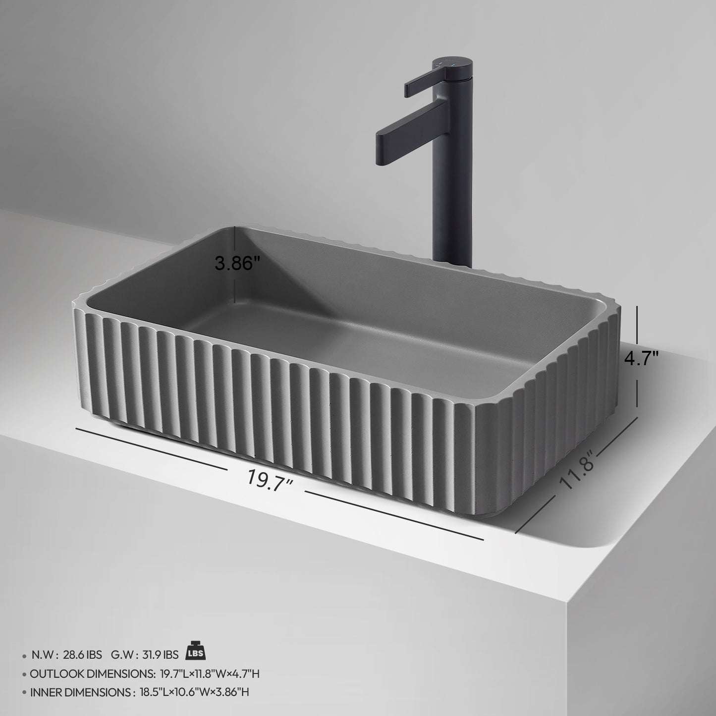 Vinnova Sao Paulo Grey Concrete Rectangular Vessel Bathroom Sink