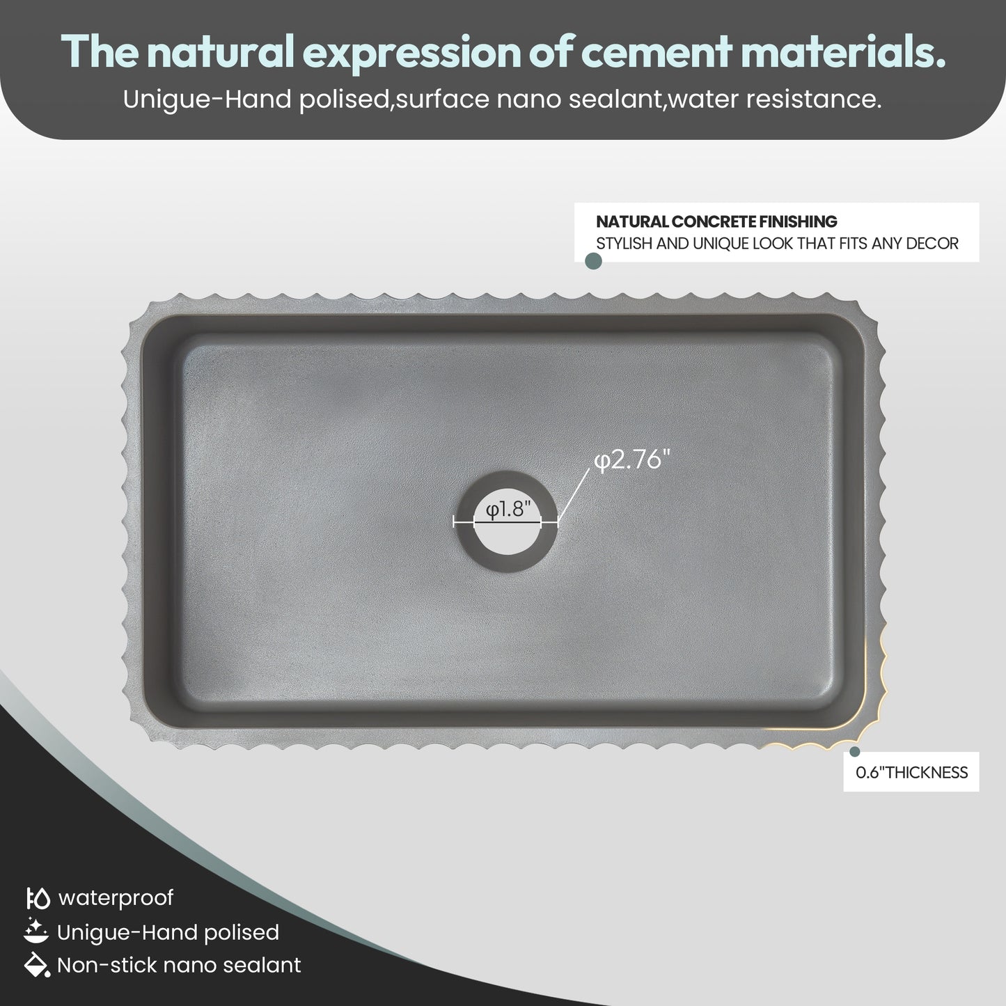 Vinnova Sao Paulo Grey Concrete Rectangular Vessel Bathroom Sink