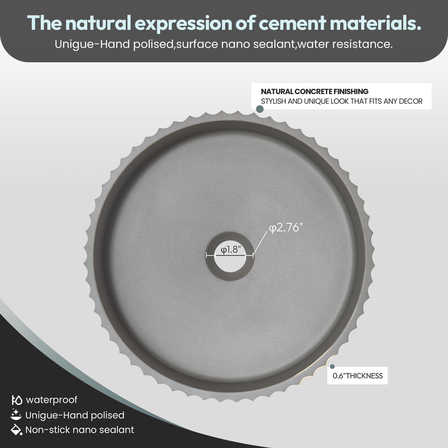 Vinnova Lagos Grey Concrete Circular Vessel Bathroom Sink