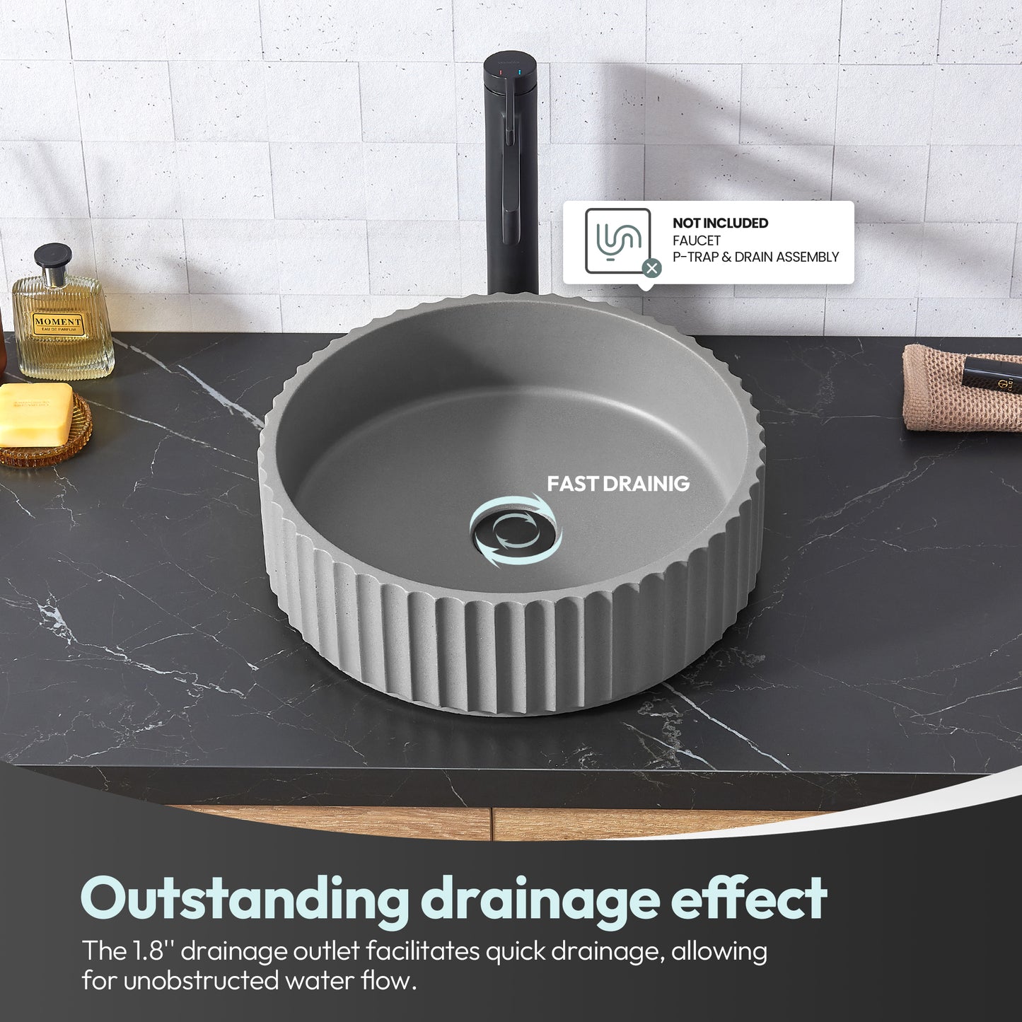 Vinnova Lagos Grey Concrete Circular Vessel Bathroom Sink