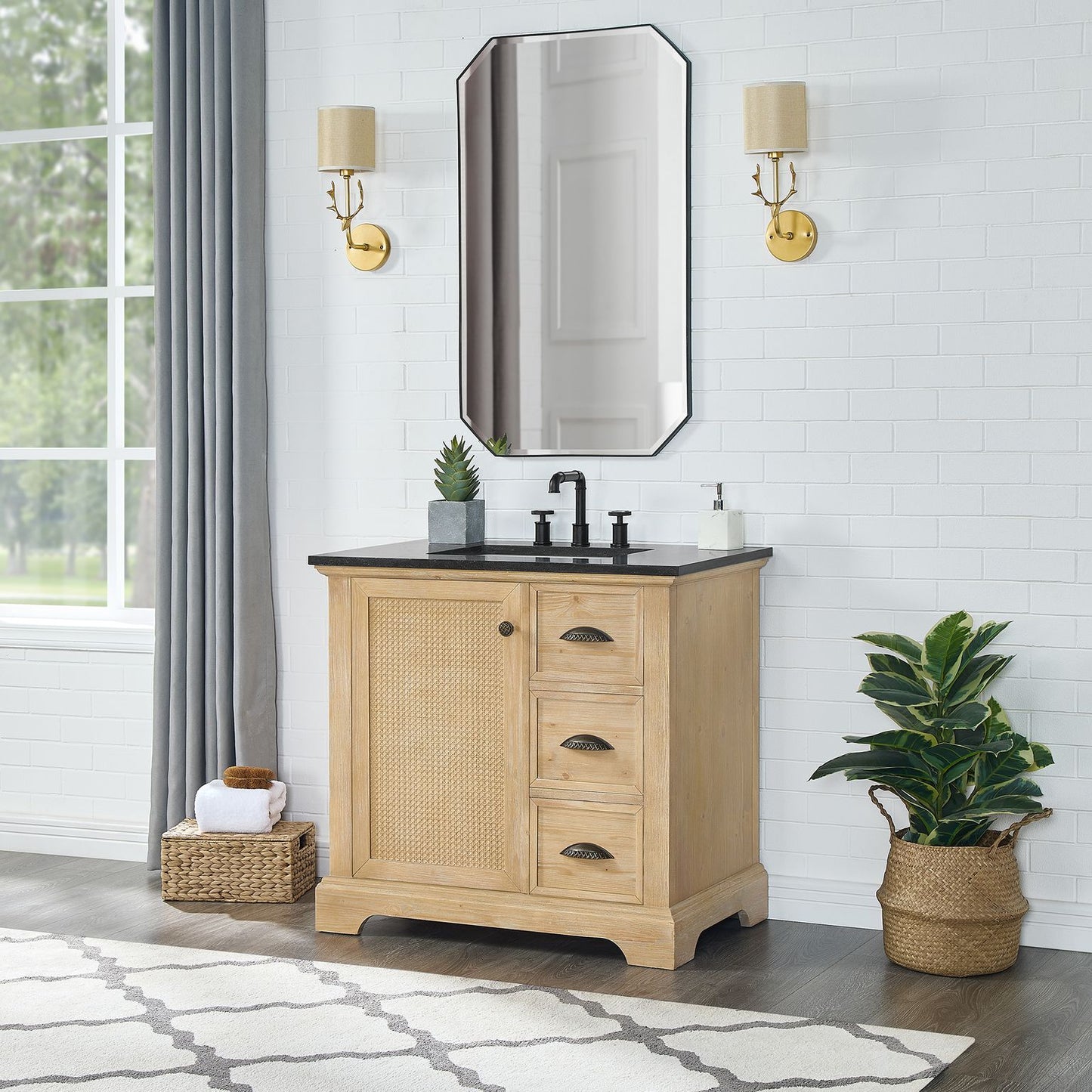 Hervas 36" Free-standing Single Bath Vanity in Fir Wood Brown with Black Natural Celestite Marble Top