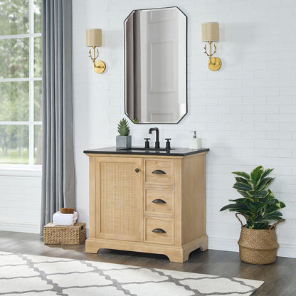 Hervas 36" Free-standing Single Bath Vanity in Fir Wood Brown with Black Natural Celestite Marble Top