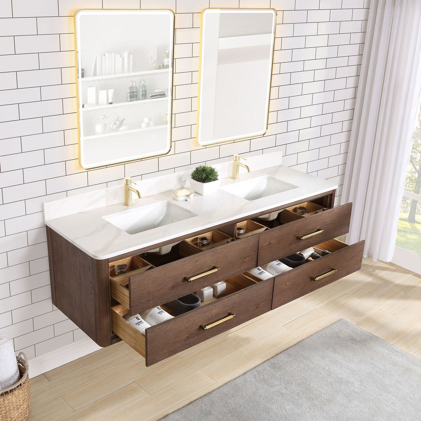 Cristo 72" Floating Double Bath Vanity in Aged Dark Brown Oak with Fish Maw White Quartz Stone Top