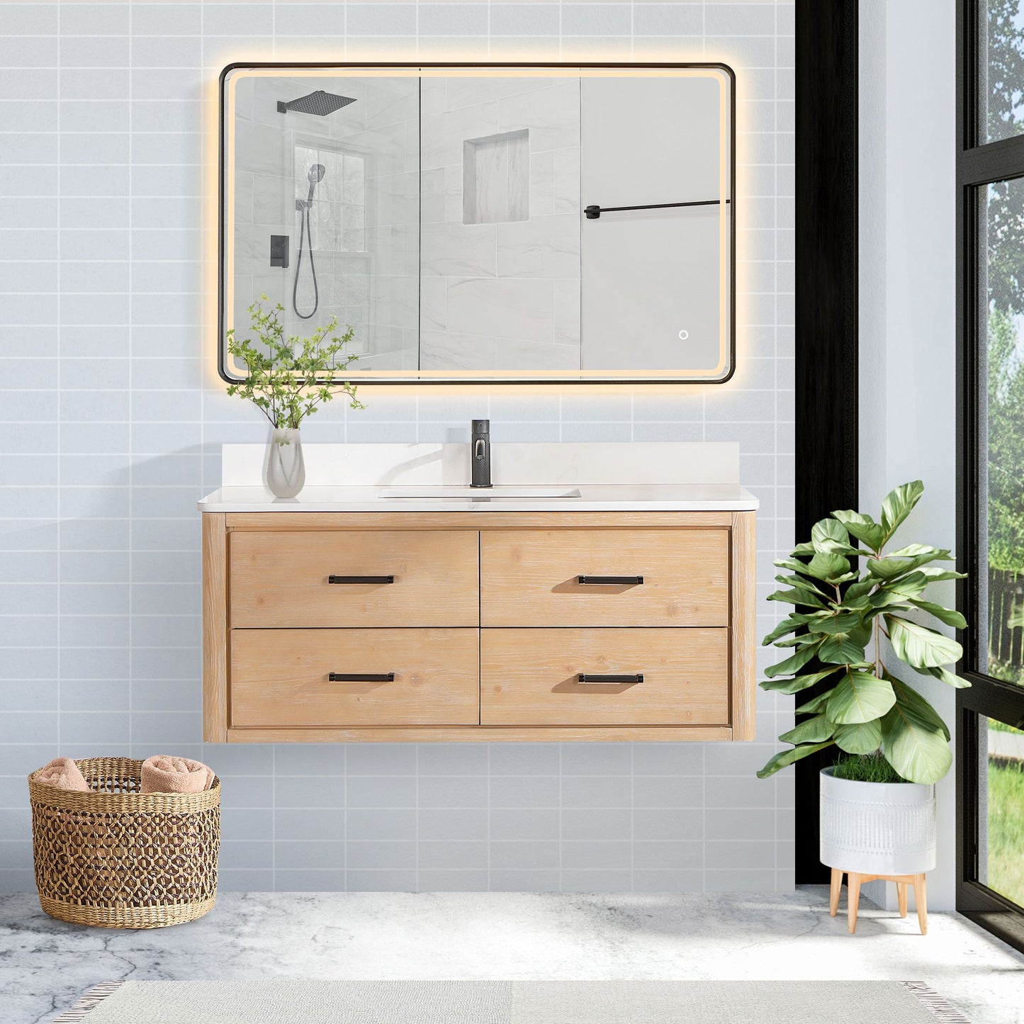 Cristo 48" Floating Single Bath Vanity in Fir Wood Brown with Fish Maw White Quartz Stone Top