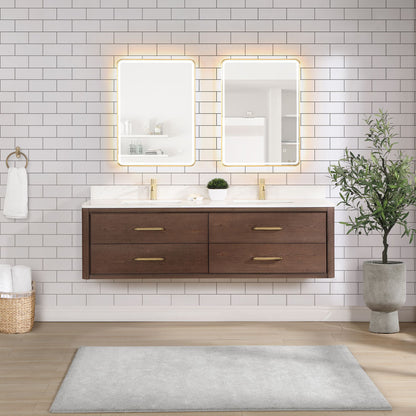 Cristo 72" Floating Double Bath Vanity in Aged Dark Brown Oak with Fish Maw White Quartz Stone Top