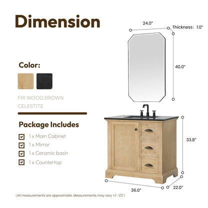 Hervas 36" Free-standing Single Bath Vanity in Fir Wood Brown with Black Natural Celestite Marble Top