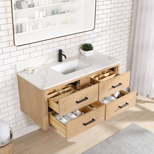 Cristo 48" Floating Single Bath Vanity in Fir Wood Brown with Fish Maw White Quartz Stone Top