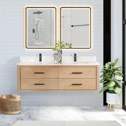 Cristo 60M" Floating Double Bath Vanity in Fir Wood Brown with Fish Maw White Quartz Stone Top