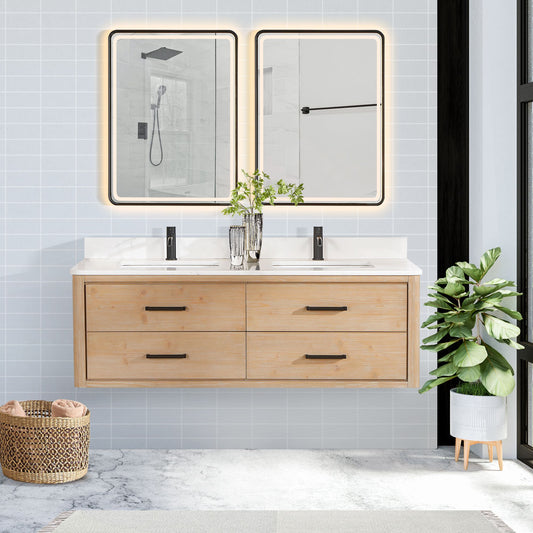 Cristo 60M" Floating Double Bath Vanity in Fir Wood Brown with Fish Maw White Quartz Stone Top