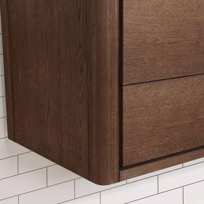 Cristo 55" Floating Single Bath Vanity in Aged Dark Brown Oak with Fish Maw White Quartz Stone Top