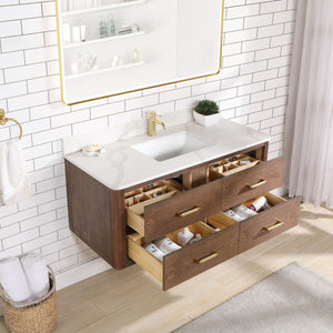 Cristo 48" Floating Single Bath Vanity in Aged Dark Brown Oak with Fish Maw White Quartz Stone Top