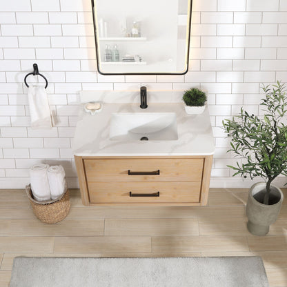 Cristo 36" Floating Single Bath Vanity in Fir Wood Brown with Fish Maw White Quartz Stone Top