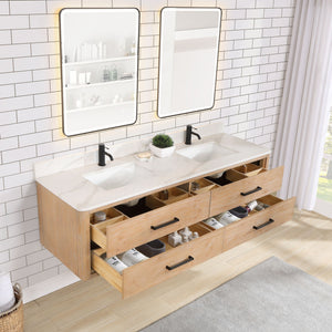 Cristo 72" Floating Double Bath Vanity in Fir Wood Brown with Fish Maw White Quartz Stone Top