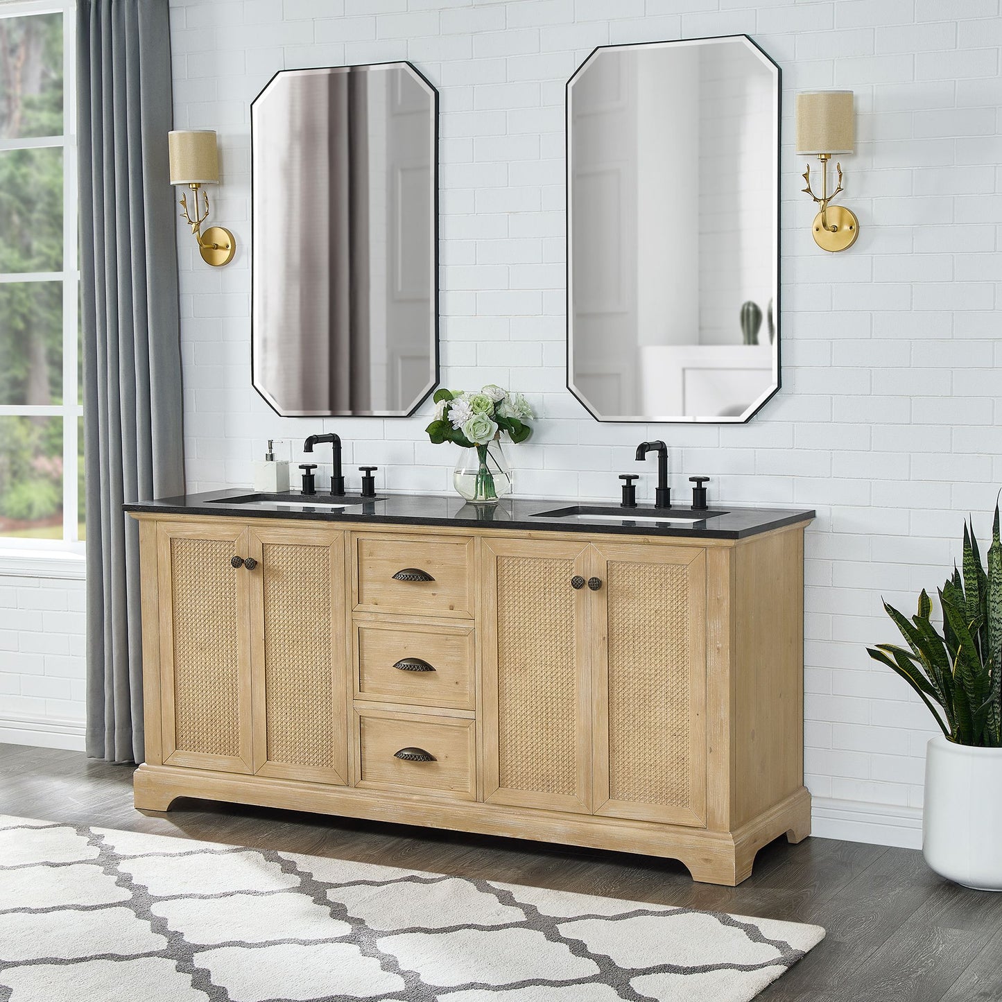 Hervas 72" Free-standing Double Bath Vanity in Fir Wood Brown with Black Natural Celestite Marble Top