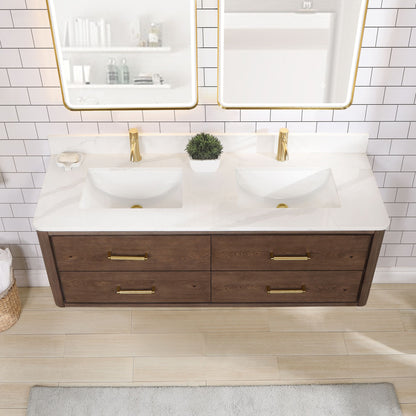 Cristo 60M" Floating Double Bath Vanity in Aged Dark Brown Oak with Fish Maw White Quartz Stone Top