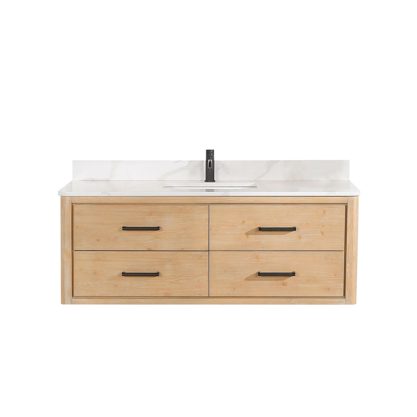 Cristo 55" Floating Single Bath Vanity in Fir Wood Brown with Fish Maw White Quartz Stone Top