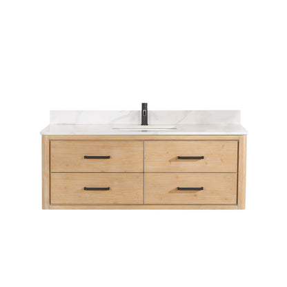 Cristo 55" Floating Single Bath Vanity in Fir Wood Brown with Fish Maw White Quartz Stone Top
