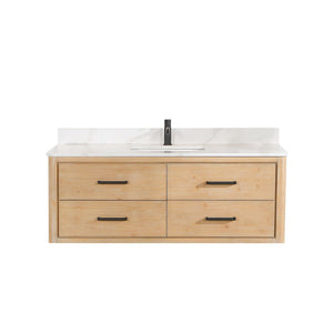Open image in slideshow, Cristo 55&quot; Floating Single Bath Vanity in Fir Wood Brown with Fish Maw White Quartz Stone Top
