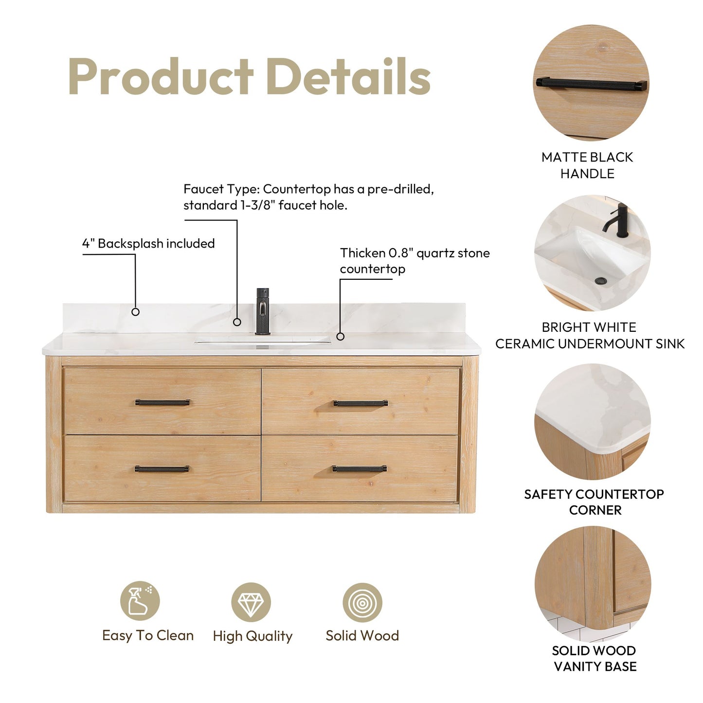 Cristo 55" Floating Single Bath Vanity in Fir Wood Brown with Fish Maw White Quartz Stone Top
