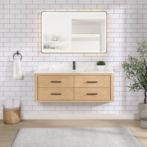 Cristo 55" Floating Single Bath Vanity in Fir Wood Brown with Fish Maw White Quartz Stone Top