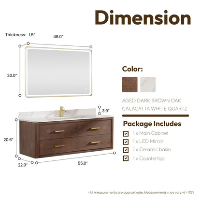 Cristo 55" Floating Single Bath Vanity in Aged Dark Brown Oak with Fish Maw White Quartz Stone Top