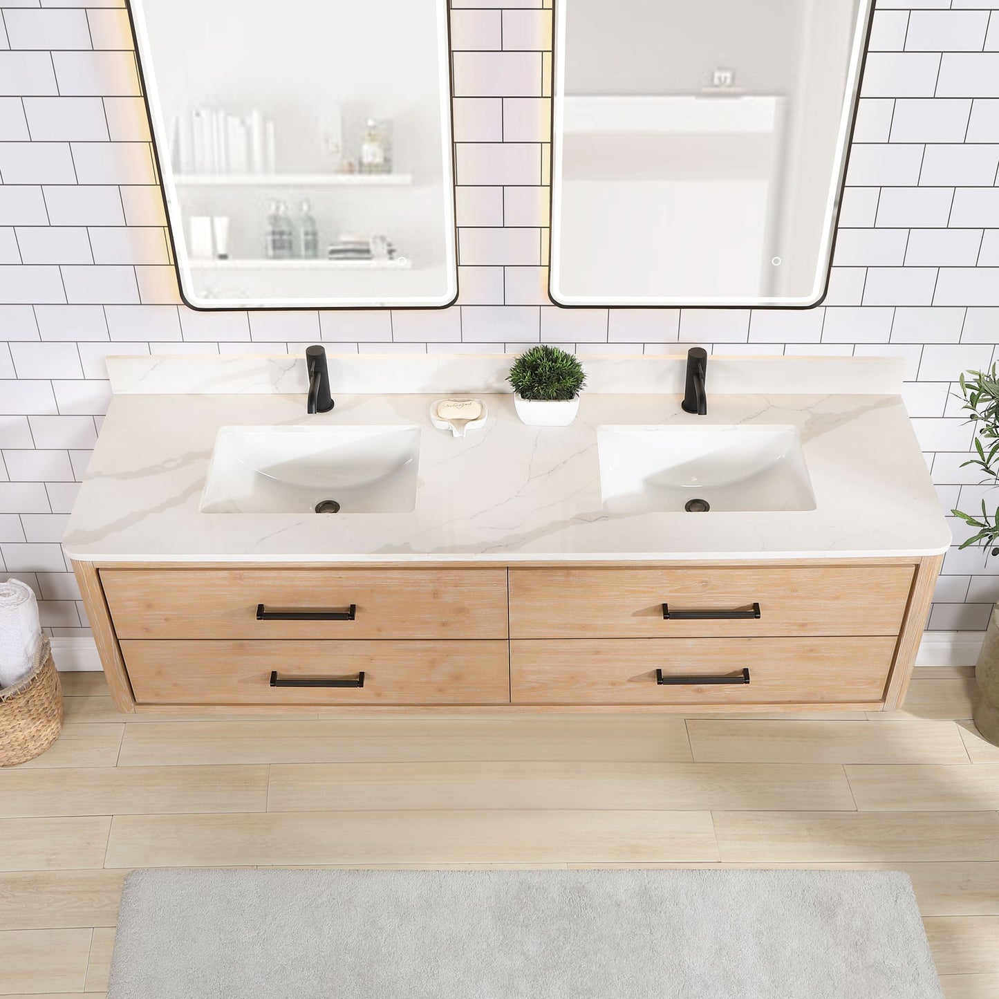 Cristo 72" Floating Double Bath Vanity in Fir Wood Brown with Fish Maw White Quartz Stone Top