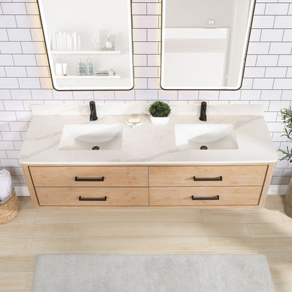 Cristo 72" Floating Double Bath Vanity in Fir Wood Brown with Fish Maw White Quartz Stone Top
