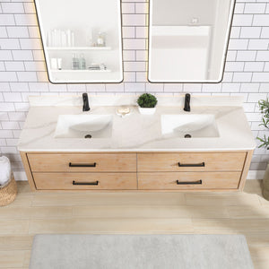 Cristo 72" Floating Double Bath Vanity in Fir Wood Brown with Fish Maw White Quartz Stone Top