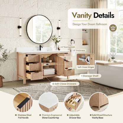 Shenzhen 60" Single Sink Bath Vanity in Aged Natural Oak