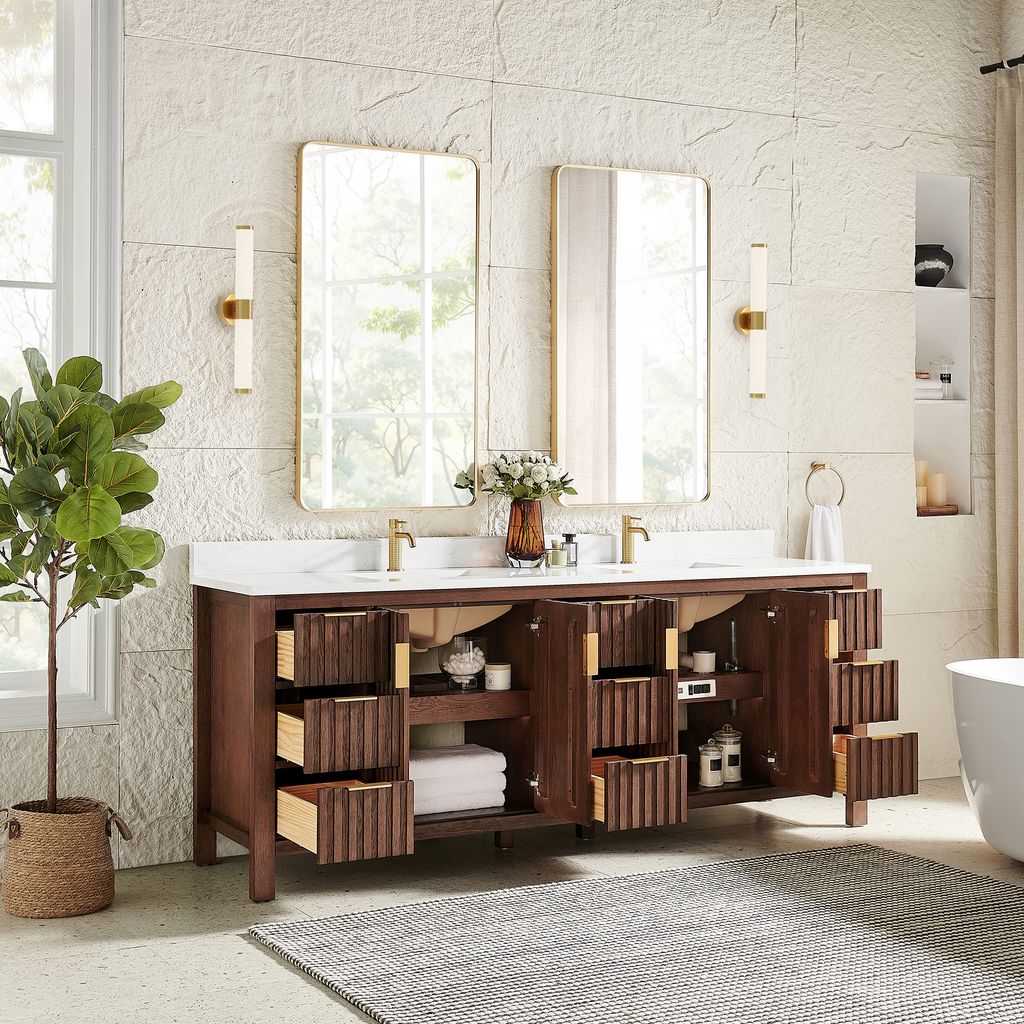 Shenzhen 84" Double Sink Bath Vanity in Aged Dark Brown Oak