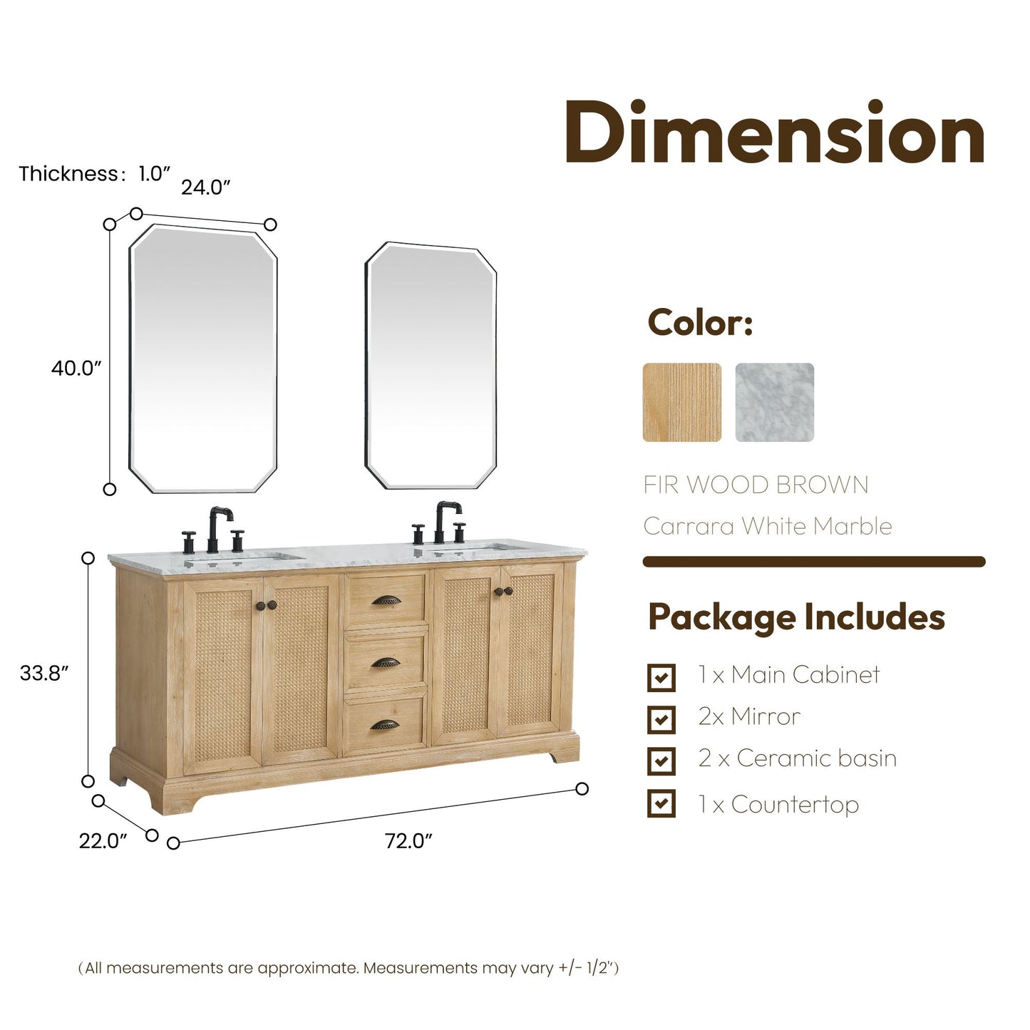 Hervas 72" Free-standing Double Bath Vanity in Fir Wood Brown with White Natural Carrara Marble Top