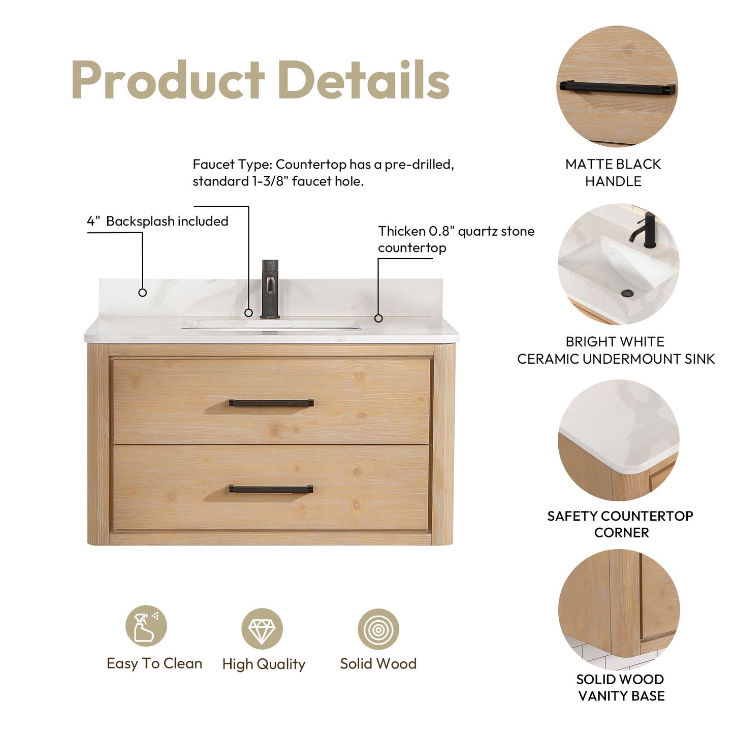 Cristo 36" Floating Single Bath Vanity in Fir Wood Brown with Fish Maw White Quartz Stone Top
