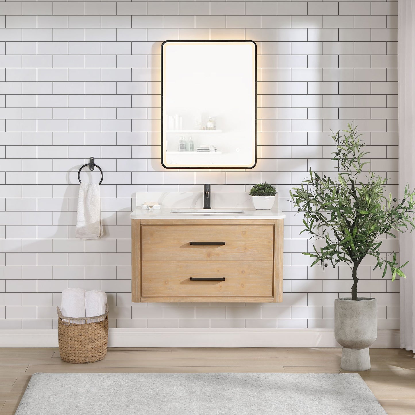 Cristo 36" Floating Single Bath Vanity in Fir Wood Brown with Fish Maw White Quartz Stone Top