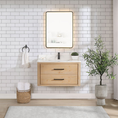 Cristo 36" Floating Single Bath Vanity in Fir Wood Brown with Fish Maw White Quartz Stone Top