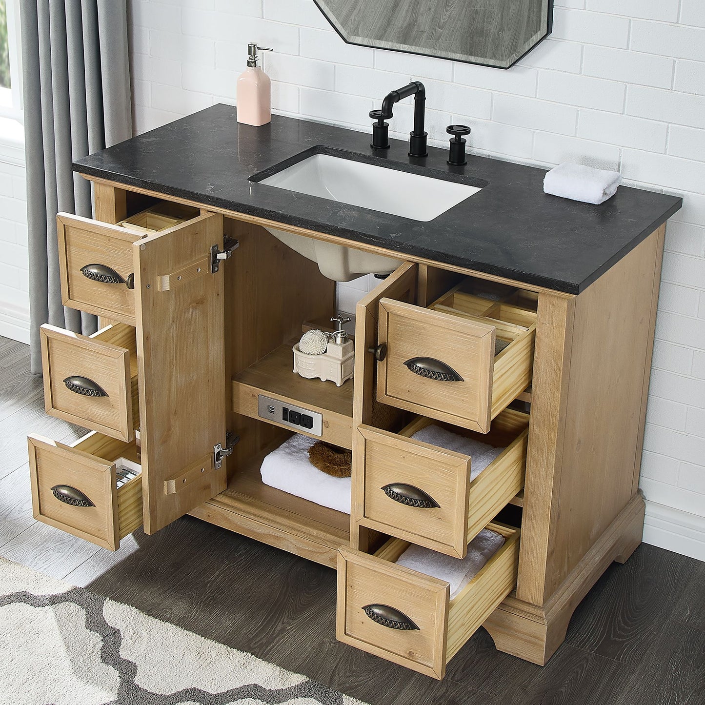Hervas 48" Free-standing Single Bath Vanity in Fir Wood Brown with Black Natural Celestite Marble Top