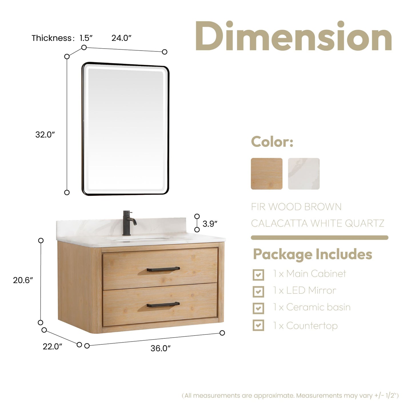 Cristo 36" Floating Single Bath Vanity in Fir Wood Brown with Fish Maw White Quartz Stone Top