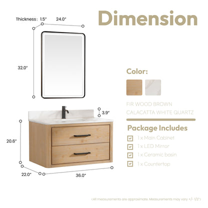 Cristo 36" Floating Single Bath Vanity in Fir Wood Brown with Fish Maw White Quartz Stone Top