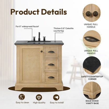 Hervas 36" Free-standing Single Bath Vanity in Fir Wood Brown with Black Natural Celestite Marble Top