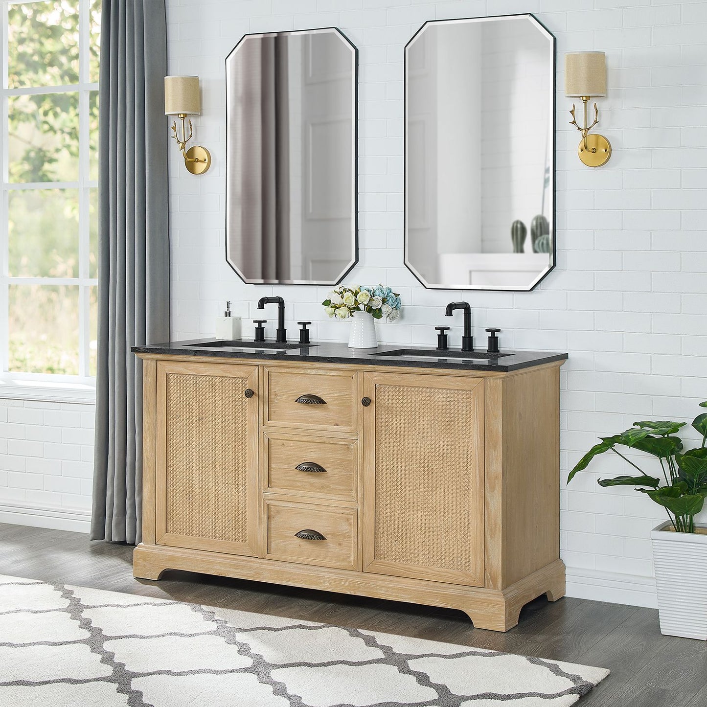 Hervas 60M" Free-standing Double Bath Vanity in Fir Wood Brown with Black Natural Celestite Marble Top
