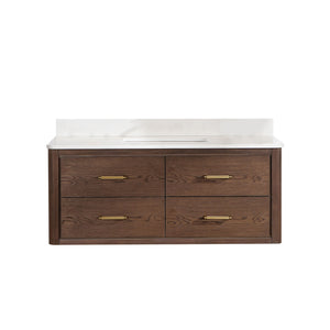 Cristo 48" Floating Single Bath Vanity in Aged Dark Brown Oak with Fish Maw White Quartz Stone Top