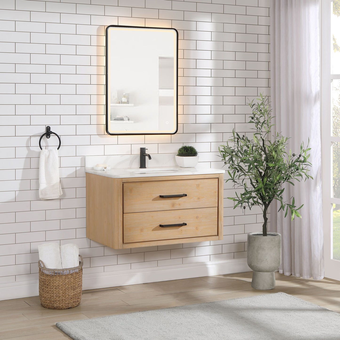 Cristo 36" Floating Single Bath Vanity in Fir Wood Brown with Fish Maw White Quartz Stone Top