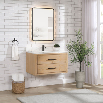 Cristo 36" Floating Single Bath Vanity in Fir Wood Brown with Fish Maw White Quartz Stone Top