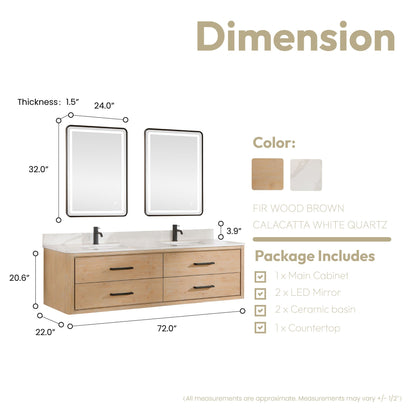 Cristo 72" Floating Double Bath Vanity in Fir Wood Brown with Fish Maw White Quartz Stone Top